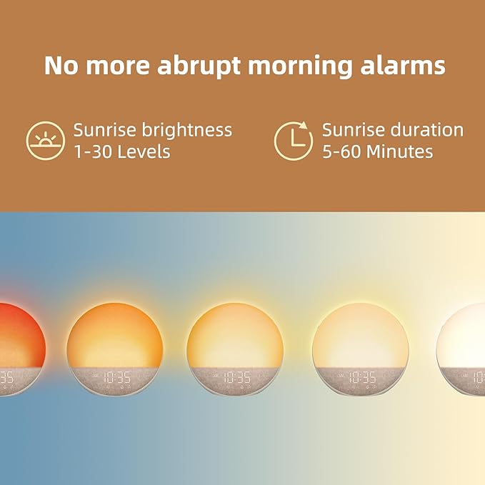 Smart Sunrise Alarm Clock – 7 Natural Wake-Up Sounds, 3 Alarm Modes, 32-Level Volume, 0–100% Dimmable Display – Gentle Light Wake-Up for Bedroom & Office (7" x 7")