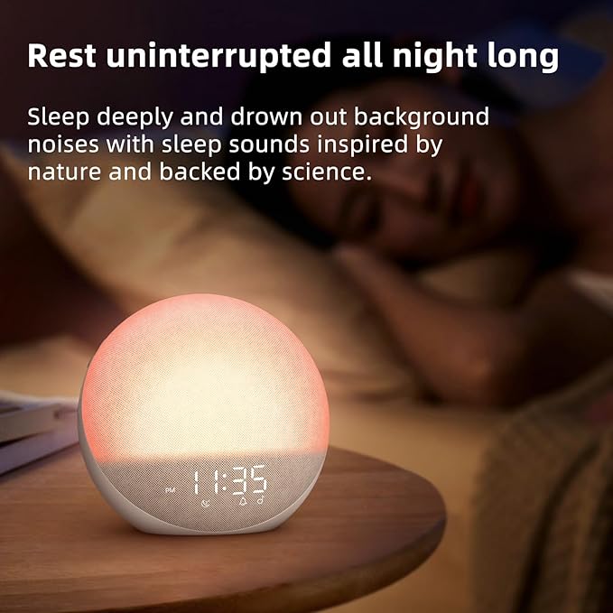 Smart Sunrise Alarm Clock – 7 Natural Wake-Up Sounds, 3 Alarm Modes, 32-Level Volume, 0–100% Dimmable Display – Gentle Light Wake-Up for Bedroom & Office (7" x 7")