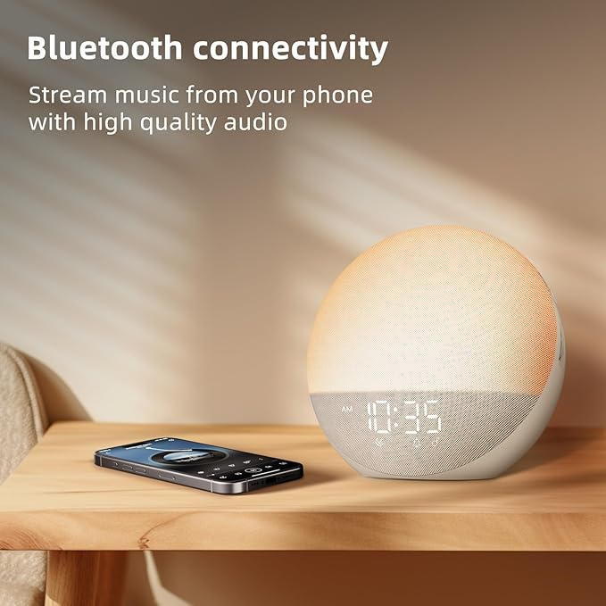 Smart Sunrise Alarm Clock – 7 Natural Wake-Up Sounds, 3 Alarm Modes, 32-Level Volume, 0–100% Dimmable Display – Gentle Light Wake-Up for Bedroom & Office (7" x 7")