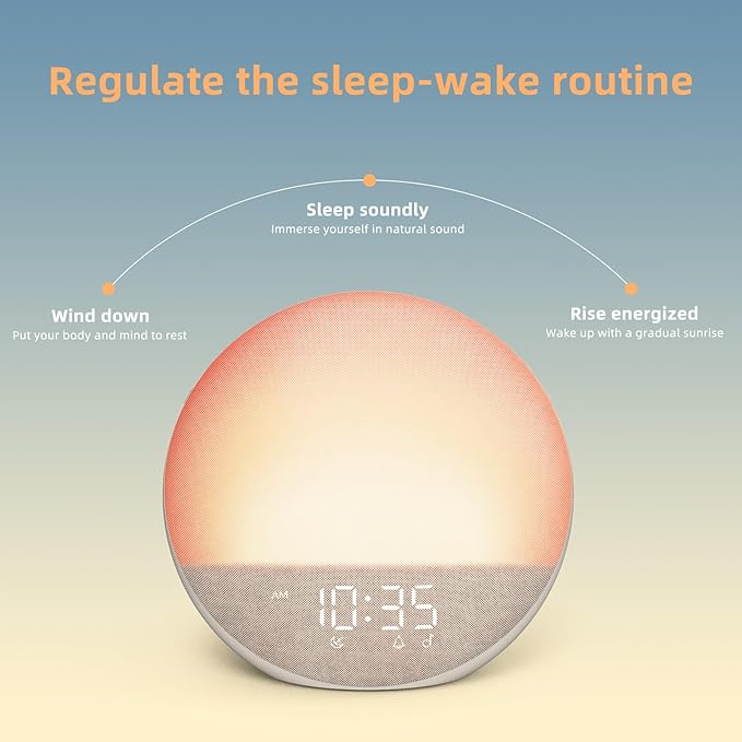 Smart Sunrise Alarm Clock – 7 Natural Wake-Up Sounds, 3 Alarm Modes, 32-Level Volume, 0–100% Dimmable Display – Gentle Light Wake-Up for Bedroom & Office (7" x 7")