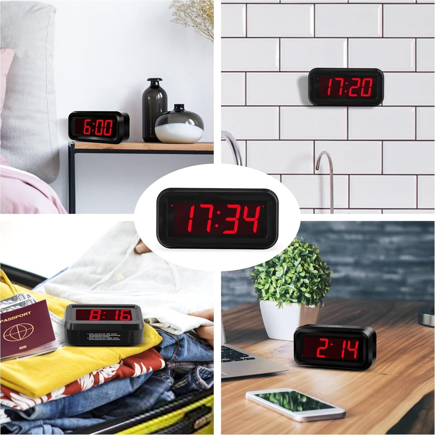 Compact LED Digital Alarm Clock – Red High-Visibility Display with Adjustable Brightness, 12/24H Format, Snooze, Battery Powered & Wall Mount Option (5.1 x 2.6 x 1.5 inches)