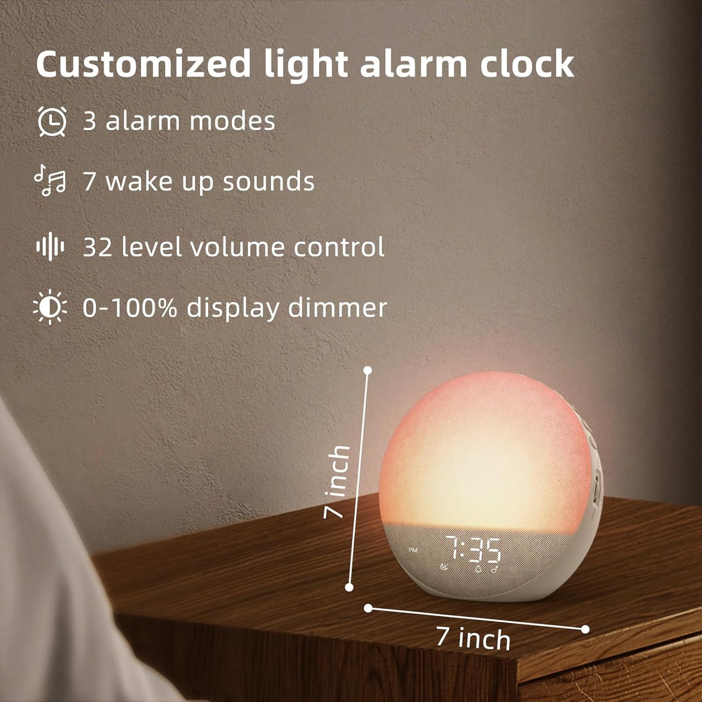 Smart Sunrise Alarm Clock – 7 Natural Wake-Up Sounds, 3 Alarm Modes, 32-Level Volume, 0–100% Dimmable Display – Gentle Light Wake-Up for Bedroom & Office (7" x 7")