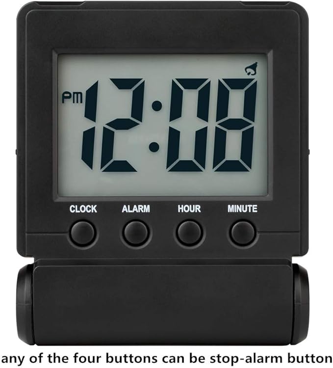 Foldable Travel Digital Alarm Clock – Large LCD Display with High/Low Volume Control, Quick-Set Buttons, Battery Powered – Compact for Bedside or On-the-Go