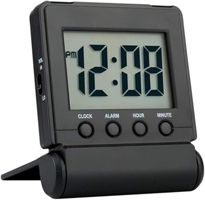 Foldable Travel Digital Alarm Clock – Large LCD Display with High/Low Volume Control, Quick-Set Buttons, Battery Powered – Compact for Bedside or On-the-Go