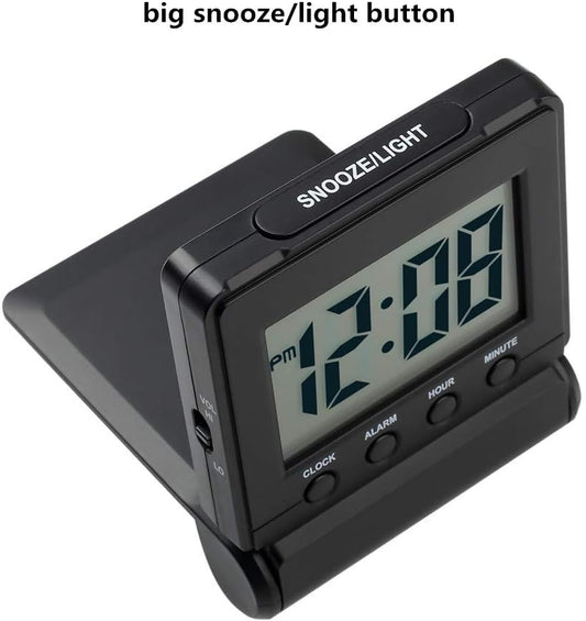 Foldable Travel Digital Alarm Clock – Large LCD Display with High/Low Volume Control, Quick-Set Buttons, Battery Powered – Compact for Bedside or On-the-Go