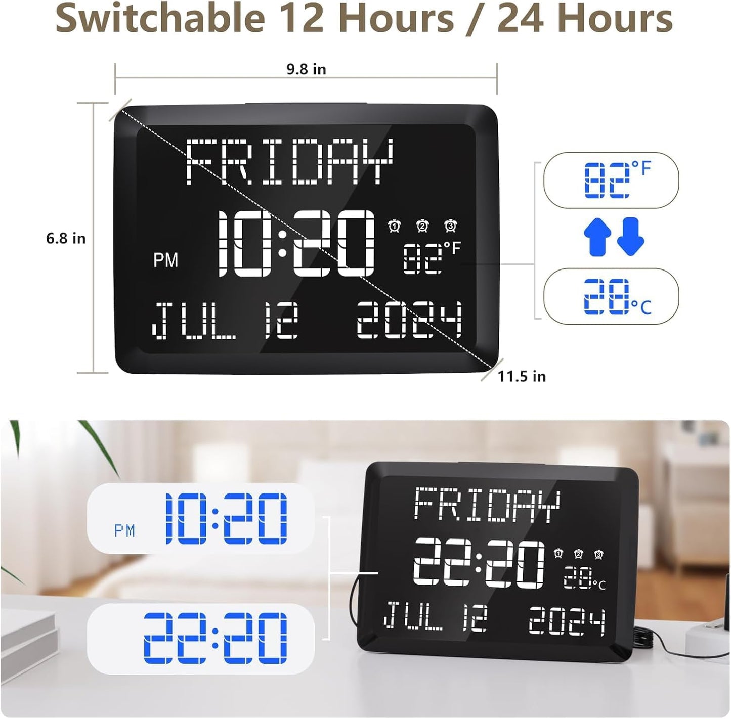 Multi - functional Electronic Alarm Clock, Switchable 12/24 Hours, with Temperature & Humidity Display, Smart Clock for Living Room & Bedroom (9.8”×6.8”×11.5”, Large Screen for Clear View )
