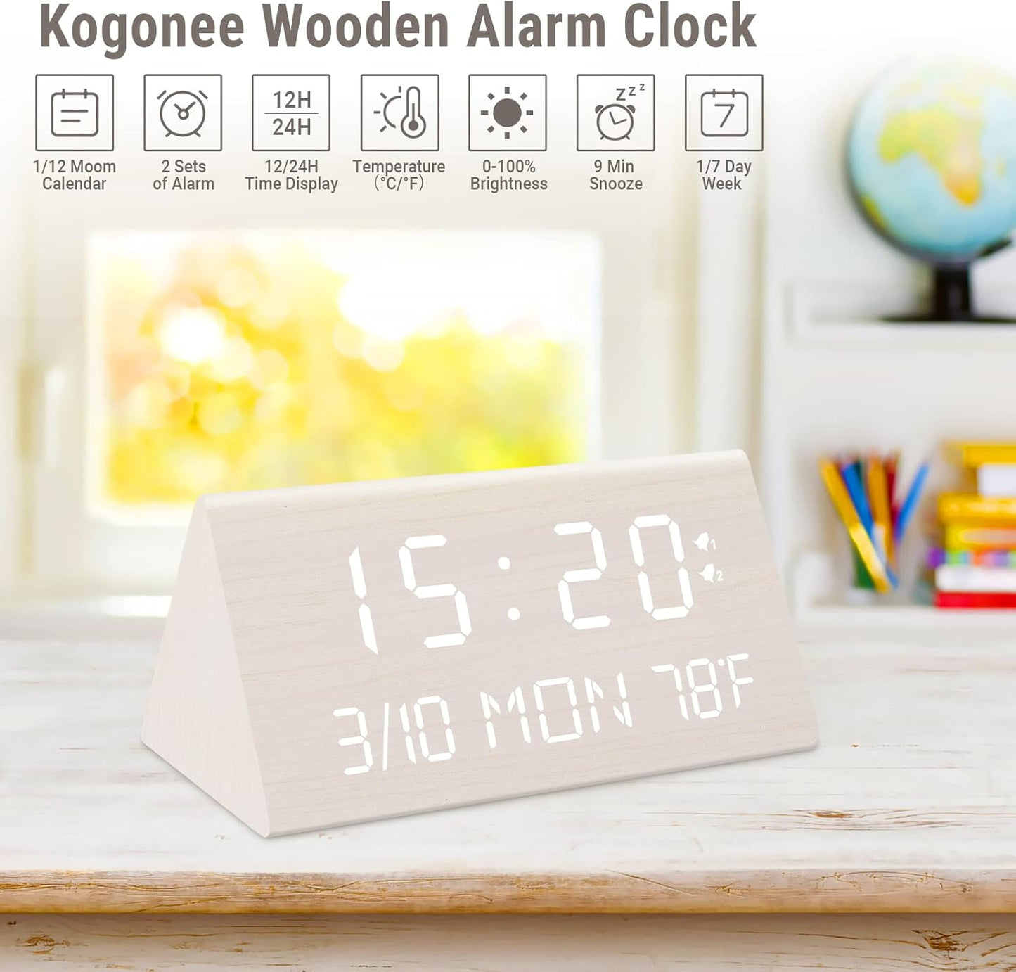 Wooden Electronic Alarm Clock with 0 - 100% Brightness Adjustable, Multi - function Display (Date/Week/Temperature ), Desk Clock (Minimalist Design, Suitable for Home & Office Scenarios )