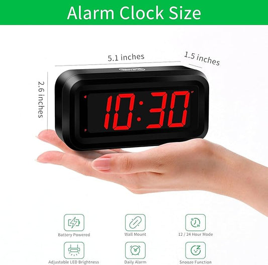 Compact LED Digital Alarm Clock – Red High-Visibility Display with Adjustable Brightness, 12/24H Format, Snooze, Battery Powered & Wall Mount Option (5.1 x 2.6 x 1.5 inches)