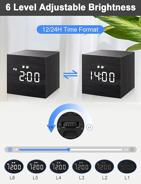 Wooden Cube Electronic Alarm Clock, 6 - Level Adjustable Brightness, 12/24H Time Format Switchable, Minimalist Desk Clock (Cube Shape, Clear Digital Display, Suitable for Various Scenarios )
