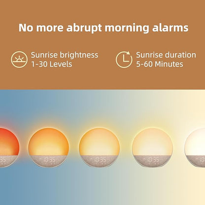 Smart Sunrise Alarm Clock – 7 Natural Wake-Up Sounds, 3 Alarm Modes, 32-Level Volume, 0–100% Dimmable Display – Gentle Light Wake-Up for Bedroom & Office (7" x 7")