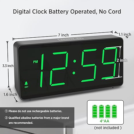 Battery - Operated Digital Alarm Clock, Cordless Design, 7 - Inch Large Screen with Clear Display (Size: 7”×3.3”×1.6”, Powered by 4 AA Batteries, Accurate Timekeeping )