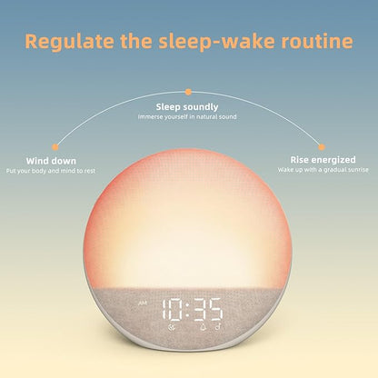 Smart Sunrise Alarm Clock – 7 Natural Wake-Up Sounds, 3 Alarm Modes, 32-Level Volume, 0–100% Dimmable Display – Gentle Light Wake-Up for Bedroom & Office (7" x 7")