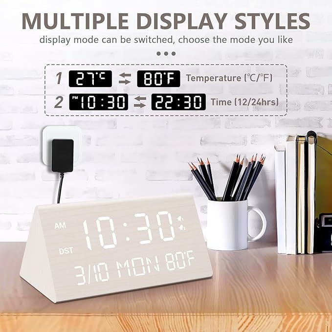Wooden Electronic Alarm Clock with 0 - 100% Brightness Adjustable, Multi - function Display (Date/Week/Temperature ), Desk Clock (Minimalist Design, Suitable for Home & Office Scenarios )