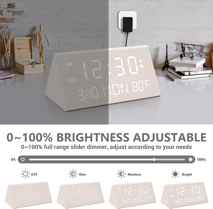 Wooden Electronic Alarm Clock with 0 - 100% Brightness Adjustable, Multi - function Display (Date/Week/Temperature ), Desk Clock (Minimalist Design, Suitable for Home & Office Scenarios )