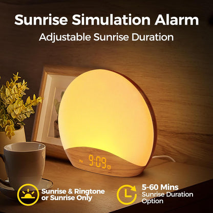 Smart Sunrise Simulation Alarm Clock – Gradual Wake-Up Light with Adjustable Brightness, Natural Sounds, LED Time Display & Night Light Mode (5–60 Min Sunrise Duration)