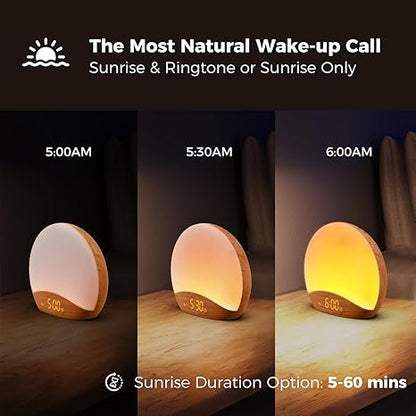 Smart Sunrise Simulation Alarm Clock – Gradual Wake-Up Light with Adjustable Brightness, Natural Sounds, LED Time Display & Night Light Mode (5–60 Min Sunrise Duration)
