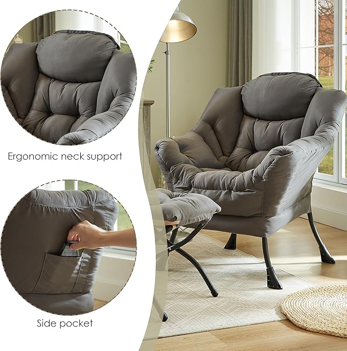 HollyHOME Fabric Lounge Chair & Foldable Ottoman: Lazy, Comfy Set